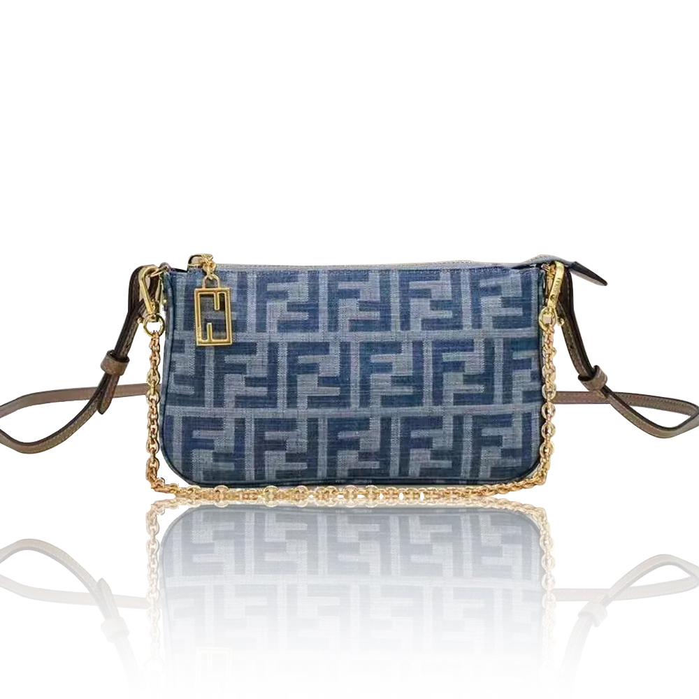 Fendi Baguette Light blue FF chain denim clutch bag  (Replica) - Replicaclubs