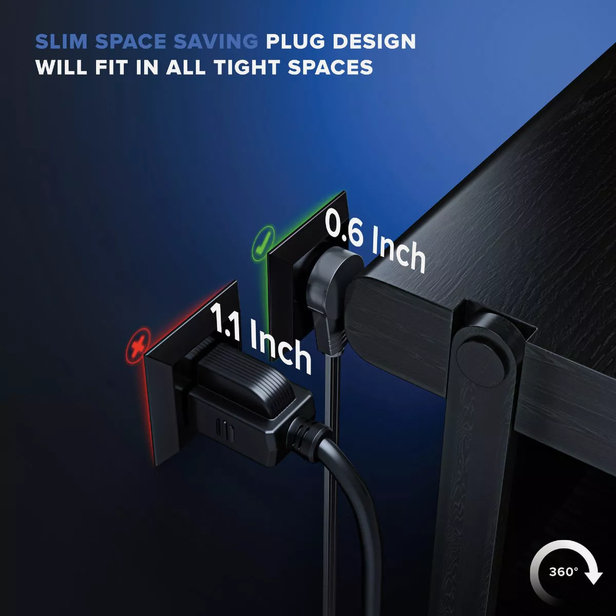 Maximm 1 Ft. 16/3 Black 3-Outlet 360 Deg. Rotating Plug Extension Cord With Removable Hook