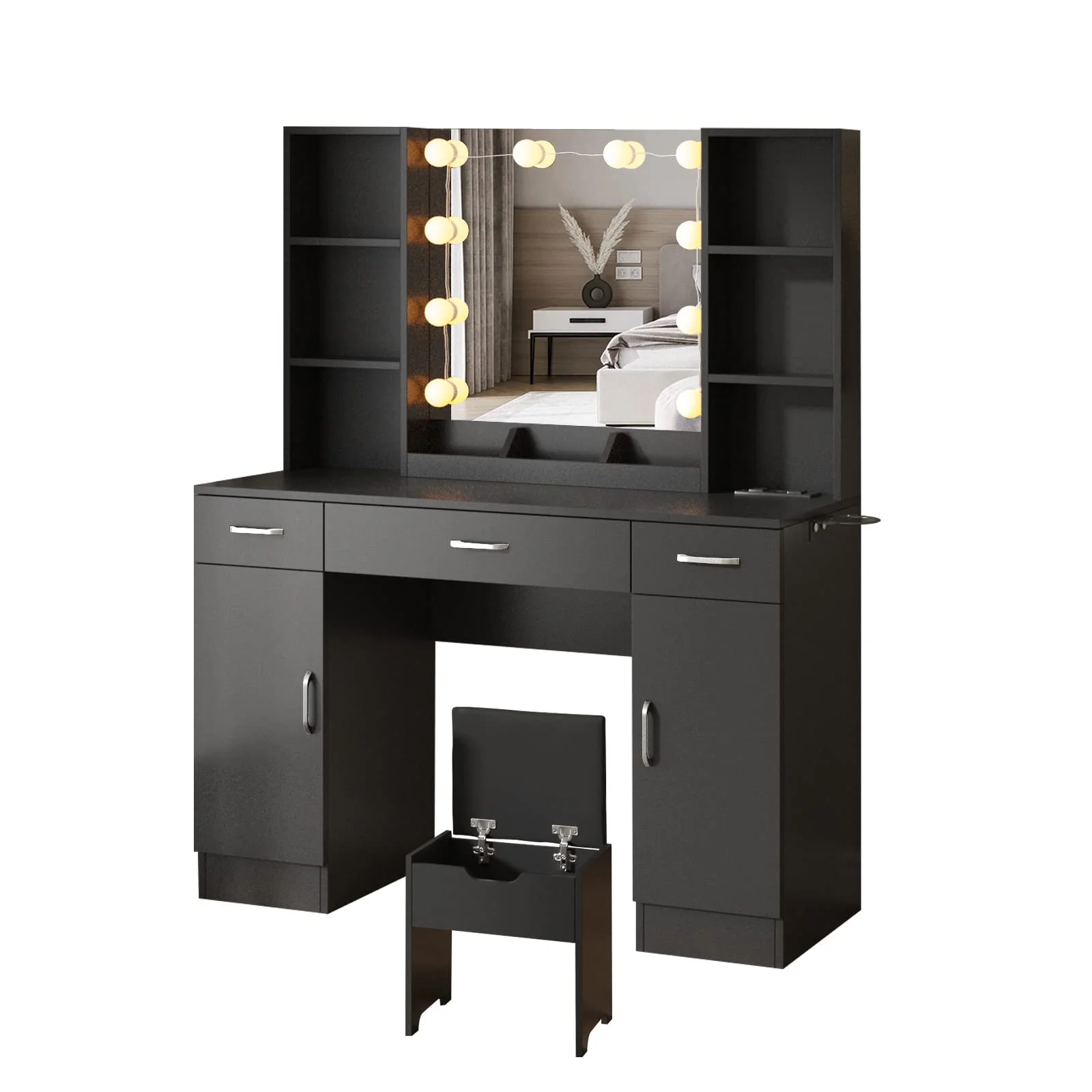 VEANERWOOD Large Makeup Vanity Set with Light Modern Makeup Vanity Table with Storage and Adjustable Lighting Colors for Bedroom 45.2in, White - Image 37