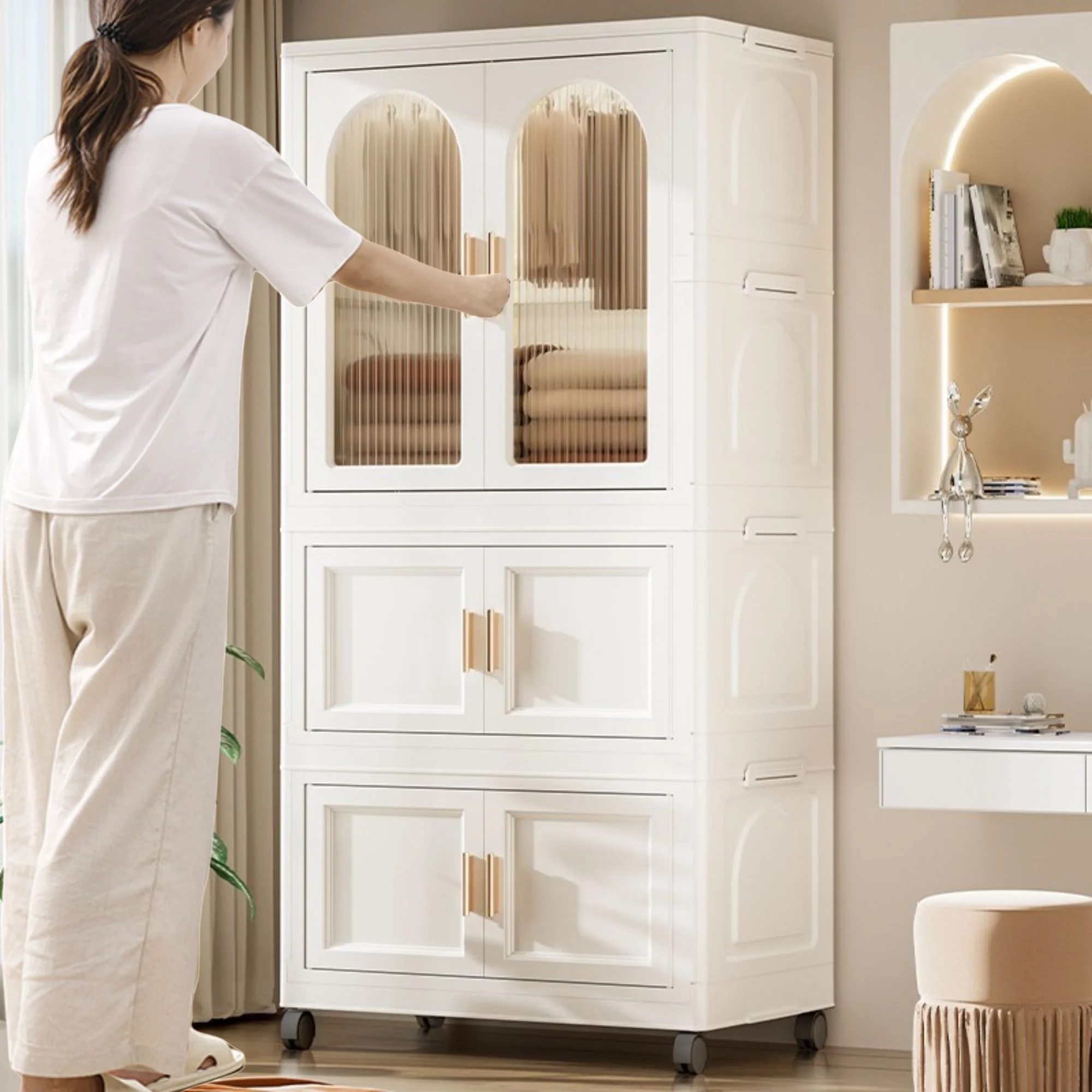PORKISS Portable Wardrobe Closet, Folding Bedroom Armoire with Wheels, Plastic Storage Basket Can be Freely Combined (1 Layer of Wardrobe + 2 Layers of Folding Boxes+10 Hangers), Cream White-57.09"H - Image 9