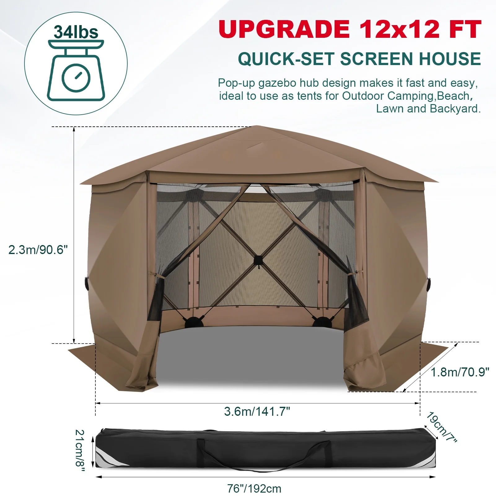 COBIZI 12'x12' Pop-up Gazebo Outdoor Camping Tent with 6 Sides Mosquito Netting, Waterproof, UV Resistant, Portable Screen House Room, Easy Set-up Party Tent with Carry bag, Ground Spike, Brown - Image 42