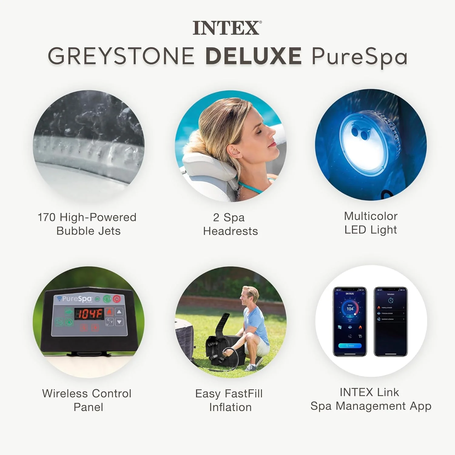 INTEX PureSpa Greystone Deluxe Spa Set, 6 Person, 77 x 77 x 28 in - 28451EP - Image 4 INTEX PureSpa Greystone Deluxe Spa Set, 6 Person, 77 x 77 x 28 in - 28451EP - Image 4