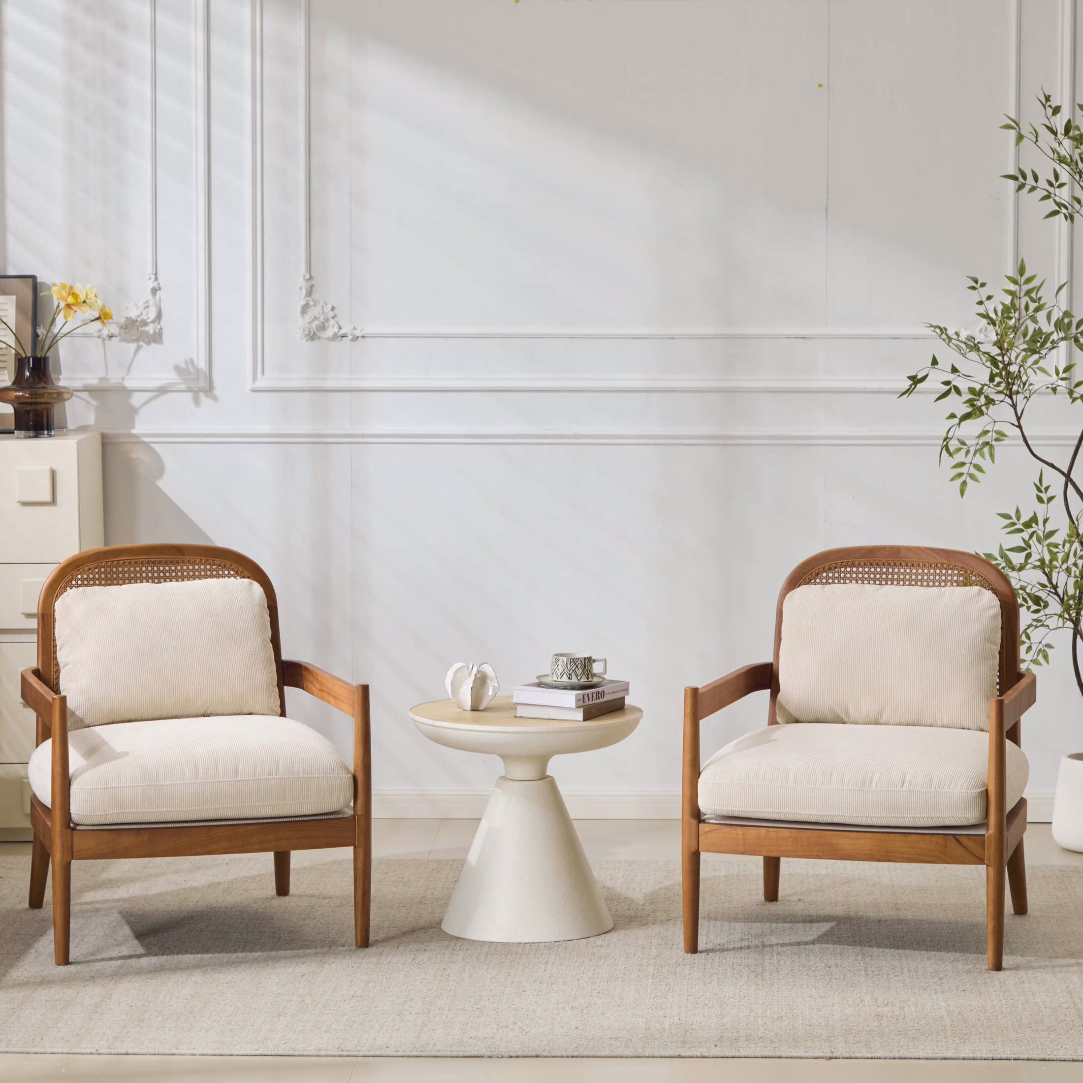 Christopher Knight Home Mid-Century Modern Accent Chairs, Wood Frame with Rattan Backrest, Grayish Green, Set of 2 - Image 7