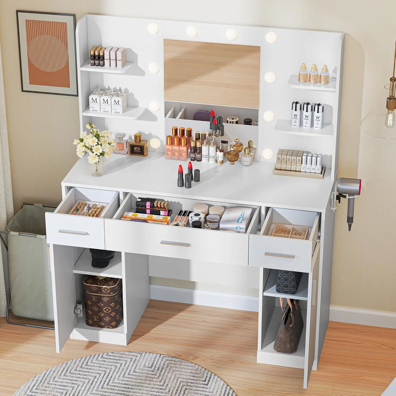 Blorly White Vanity Desk with Mirror, Makeup Vanity Table with LED Lights and Power Outlet, 3 Drawer, 4 Shelves, 1 Cabinet - Image 19