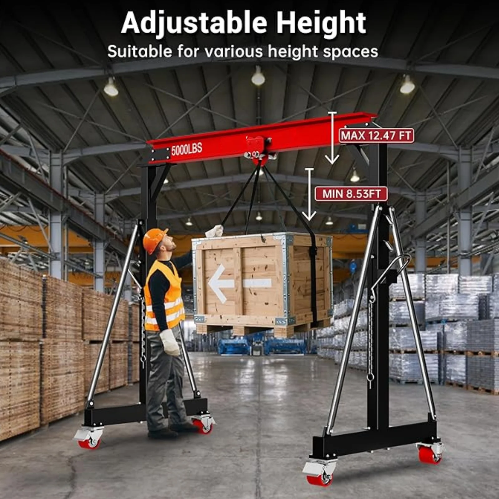 Gewna Adjustable Steel Gantry Crane, 2 Ton/ 5000 lb Capacity, 8.2-12.5ft, Portable Lift Hoist on Wheels with Manual Trolley - Image 2