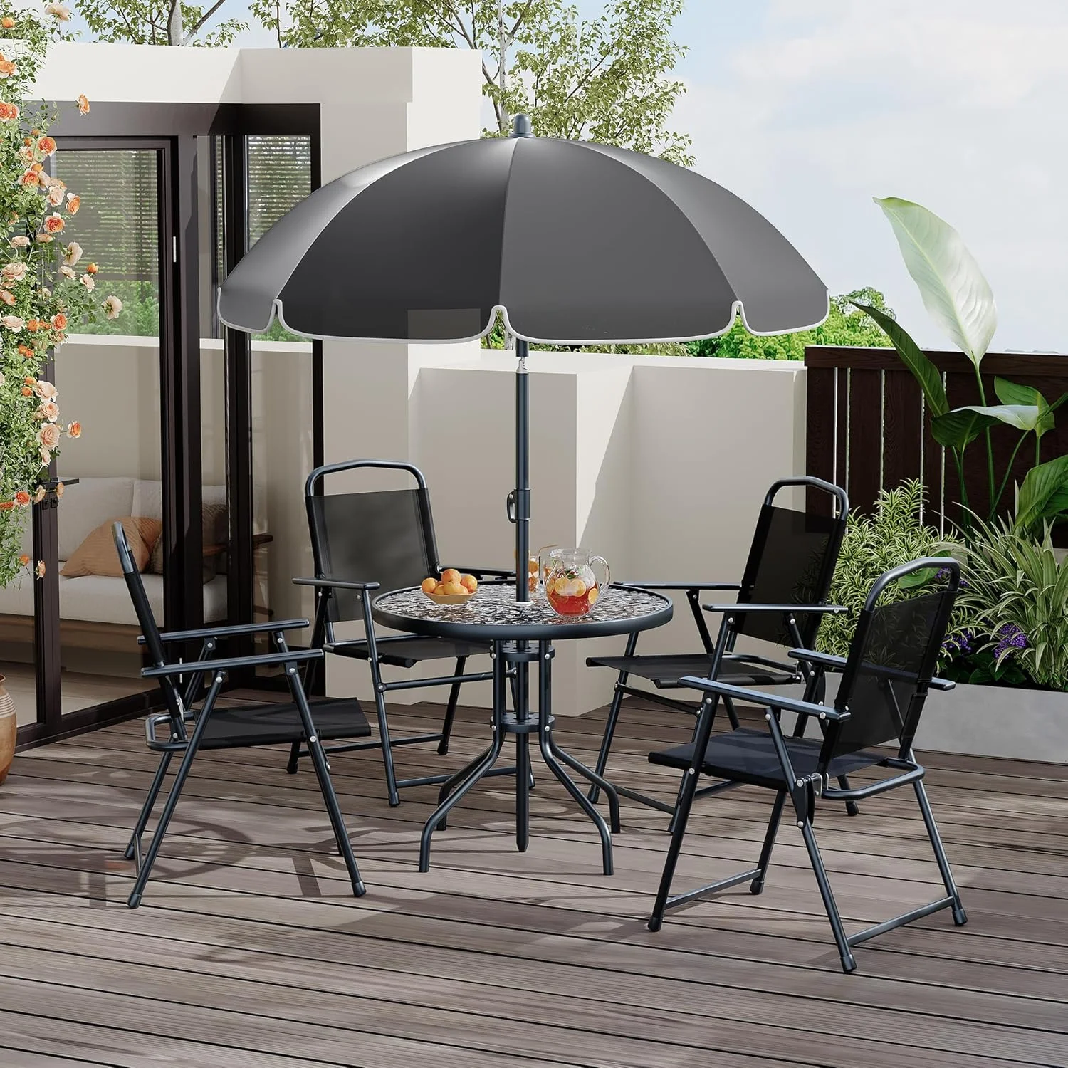 6 Pieces Outdoor Dining Set With Umbrella, Patio Table and 4 Folding Chairs With Umbrella, Garden Patio Furniture Set With Umbrellas, Tempered Glass Top Dining Table - Image 2
