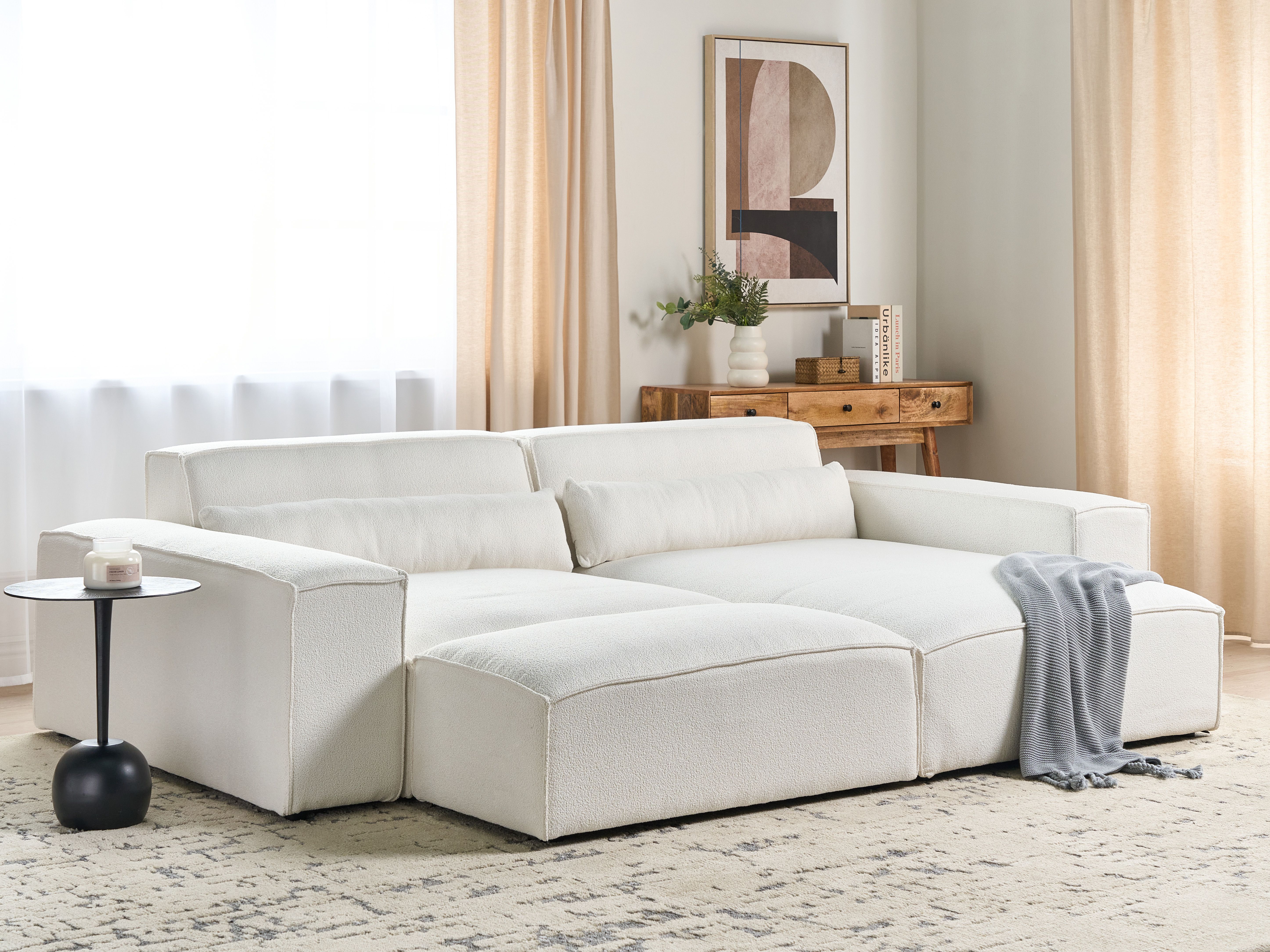 Modular Corner Sofa 3 Seater HELLNAR Boucle Off-White with Ottoman Left Hand