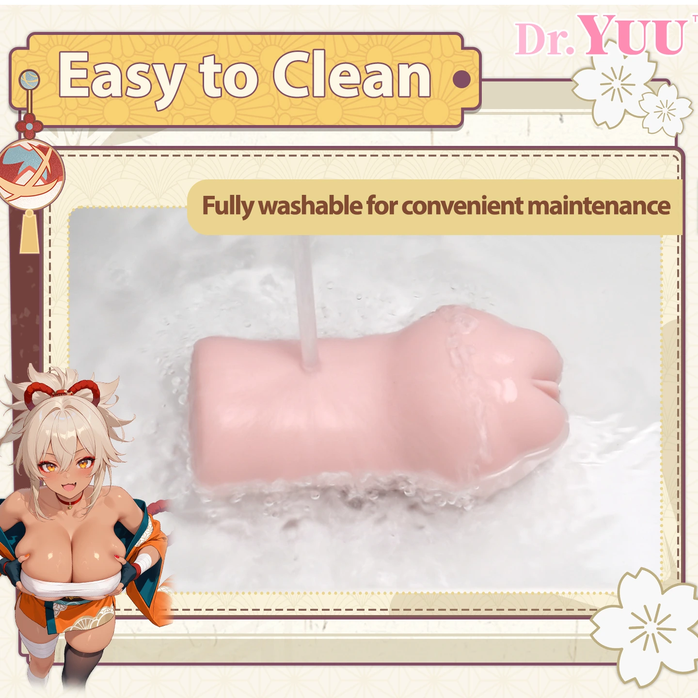 Displaying the fully washable design of the Dr.YUU breast masturbator for easy cleaning.