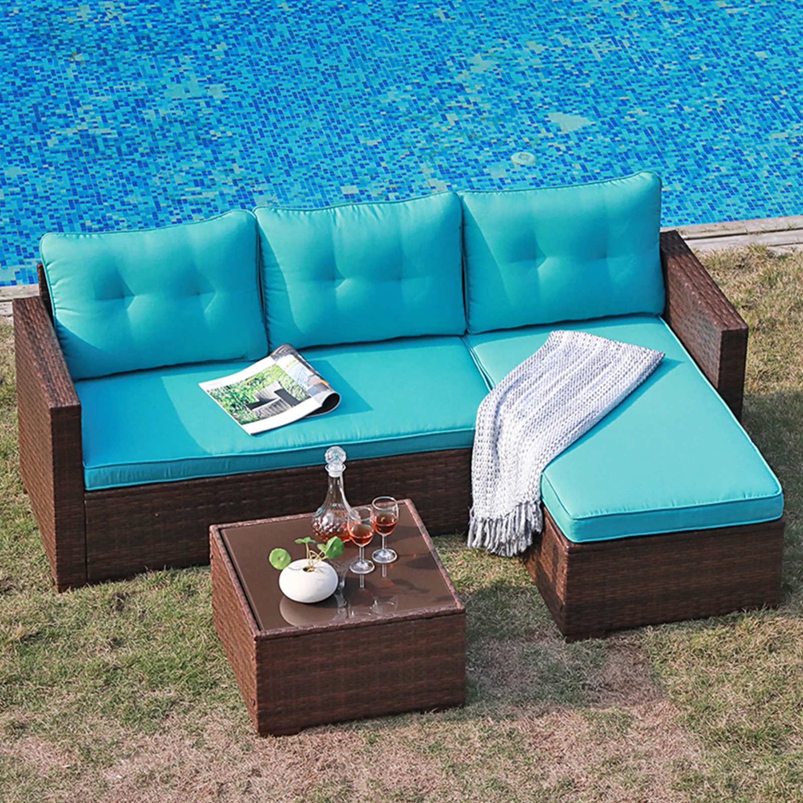 JOIVI 3 Pieces Patio Conversation Set, PE Wicker Rattan Outdoor Furniture Set, 2 Ways Small Sectional Sofa, Tempered Glass Coffee Table, Silver-Gray - Image 46