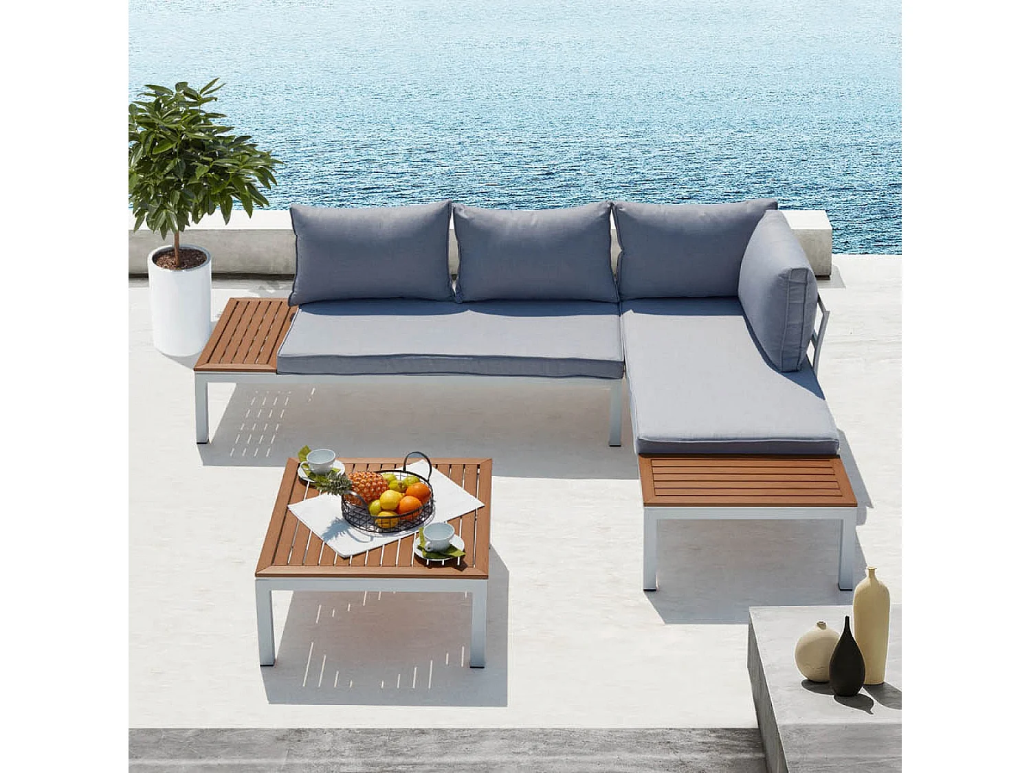 Salon de jardin 4 places en aluminium et acier blanc et gris LOLEA