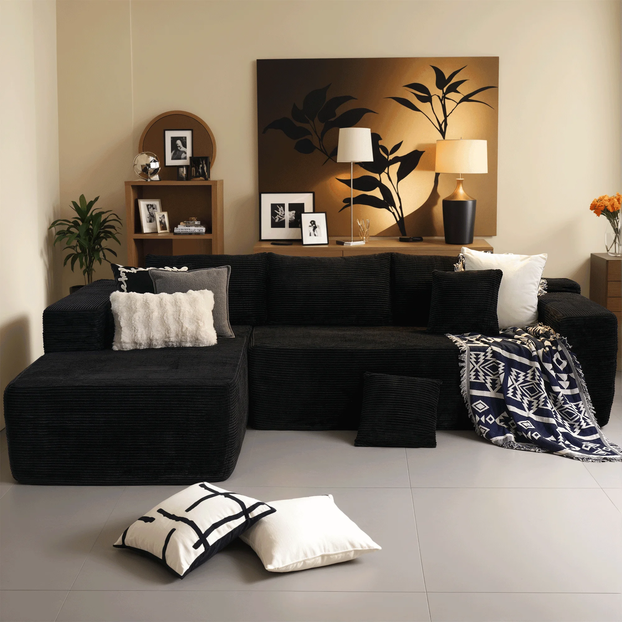 Ovios 106" L-Shaped Sectional Sofa Modern Modular Cloud Couch with Deep Seating Upholstered Sofa for Living Room Bedroom, No Assembly Required, Black(Corduroy) - Image 6