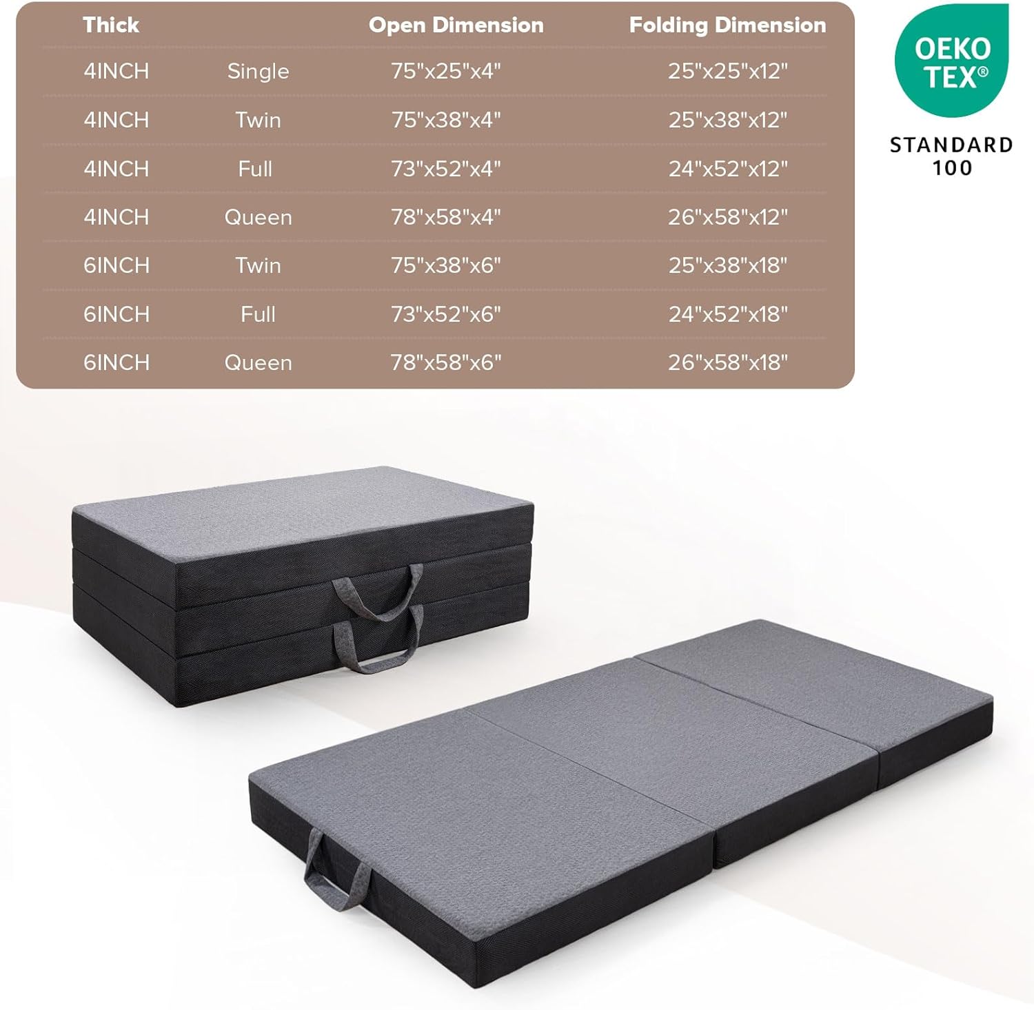 Vamcheer Tri Folding Mattress Full Size - 6 Inch Foldable Mattress for Travel/RV/Camping/Guest Room/Yoga, 73