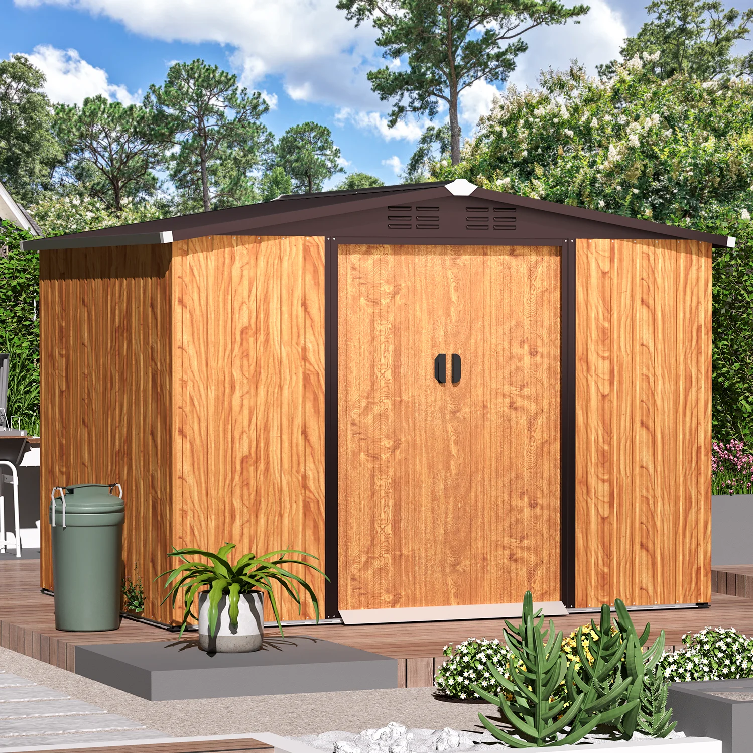 U-MAX 8 x 6 ft. Wood Grain Outdoor Metal Storage Shed with Lockable Door Patio Garden Storage Building for Outside - Image 2