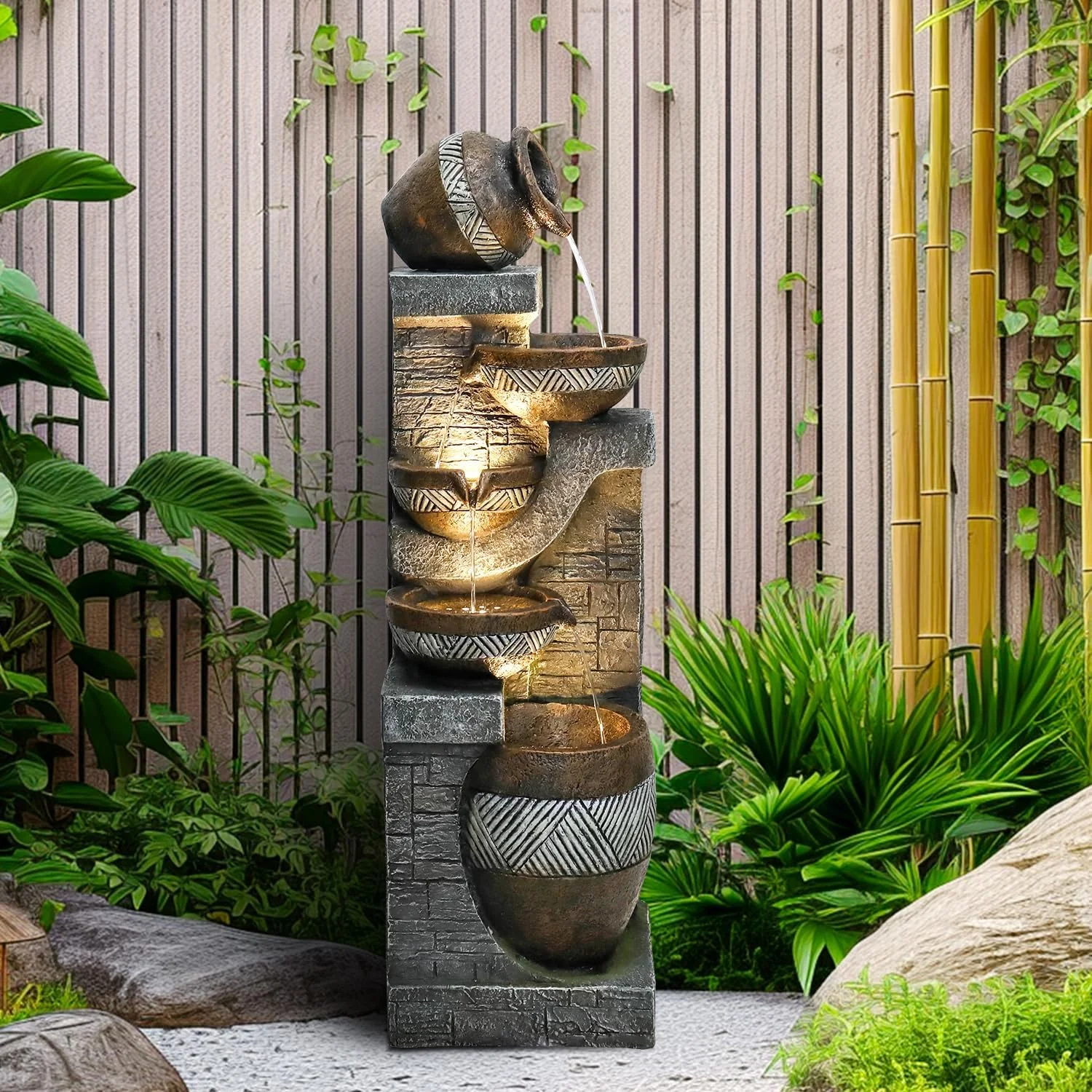 SunJet 5-Tiers Indoor/Outdoor Garden Water Fountain - 42.5inches Modern Floor-Standing Cascading Water Feature - Suitable for Deck, Patio, Porch, Yard Decor - Image 2