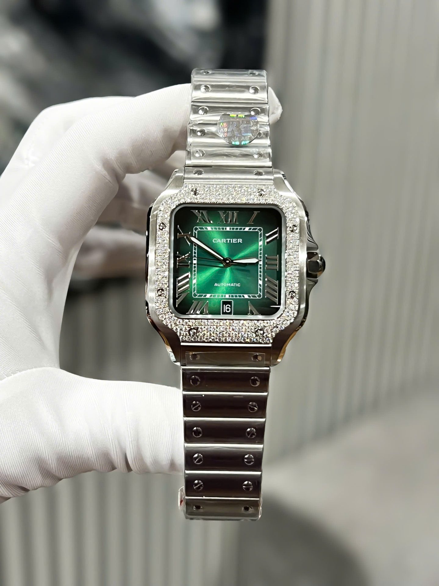 Cartier Santos Replica Watch Custom Moissanite Diamonds Dial Green BV Factory 39.8mm - Top club