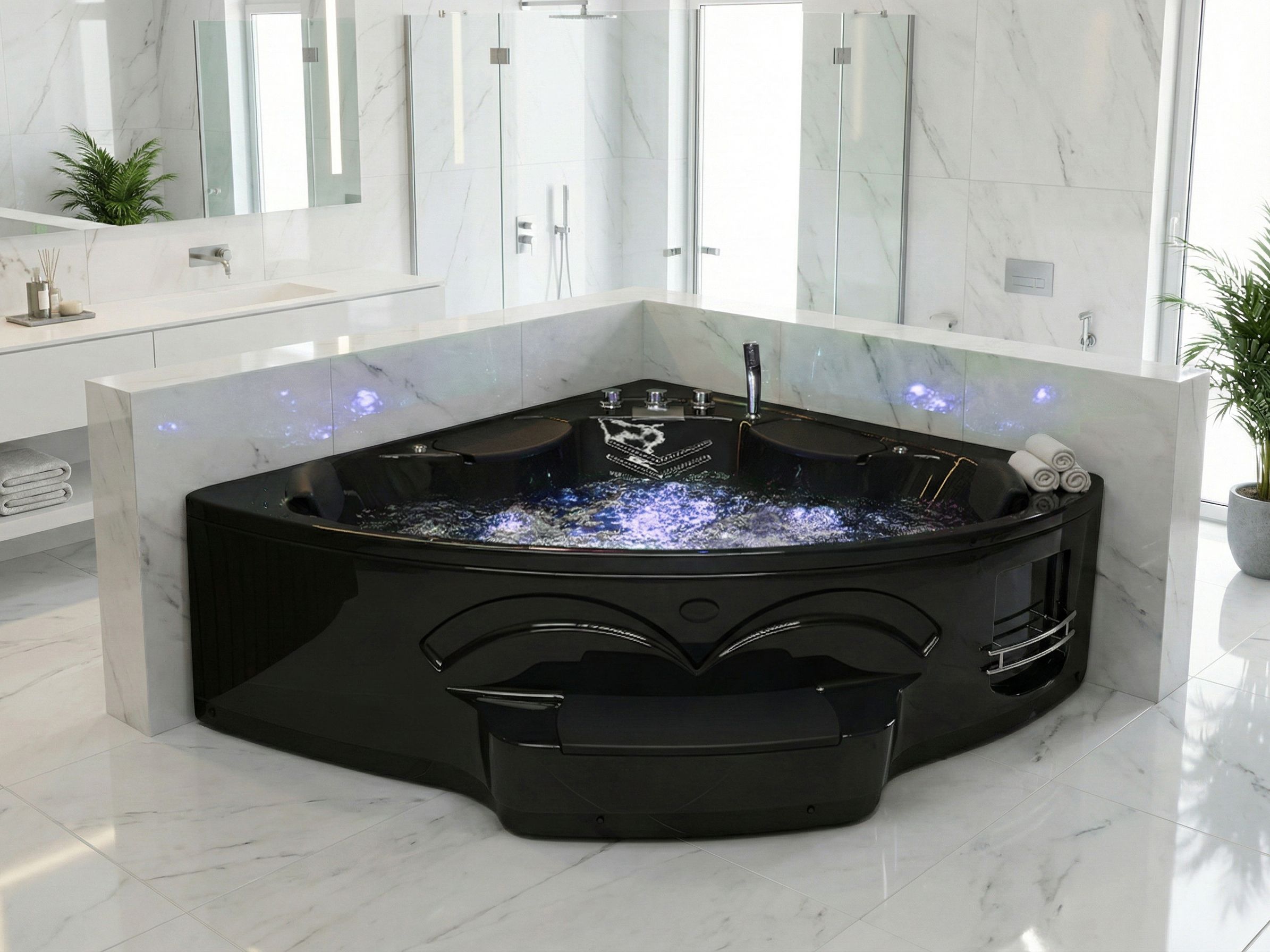 Corner Hot Tub with LED CUYABENO 2110 x 1500 mm Black