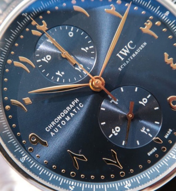 Replica IWC YLF Portuguese Chrono Dubai limited Edition Blue Dial YG Markers - Elite Watch Atelier
