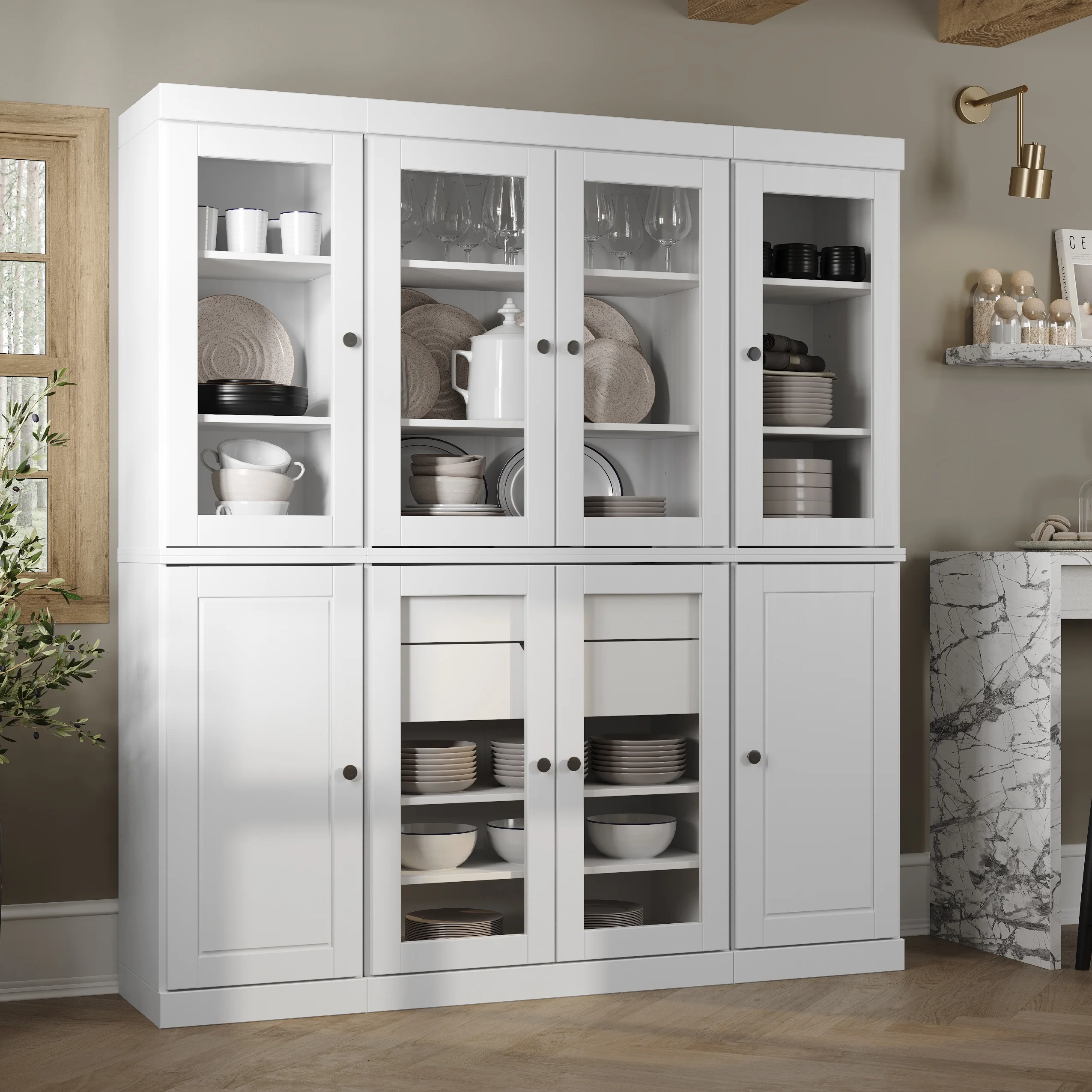 Palace Imports 100% Solid Wood Kitchen Pantry Storage Cabinet with Solid, Glass Doors, Adjustable Shelves and 2-Drawers, White