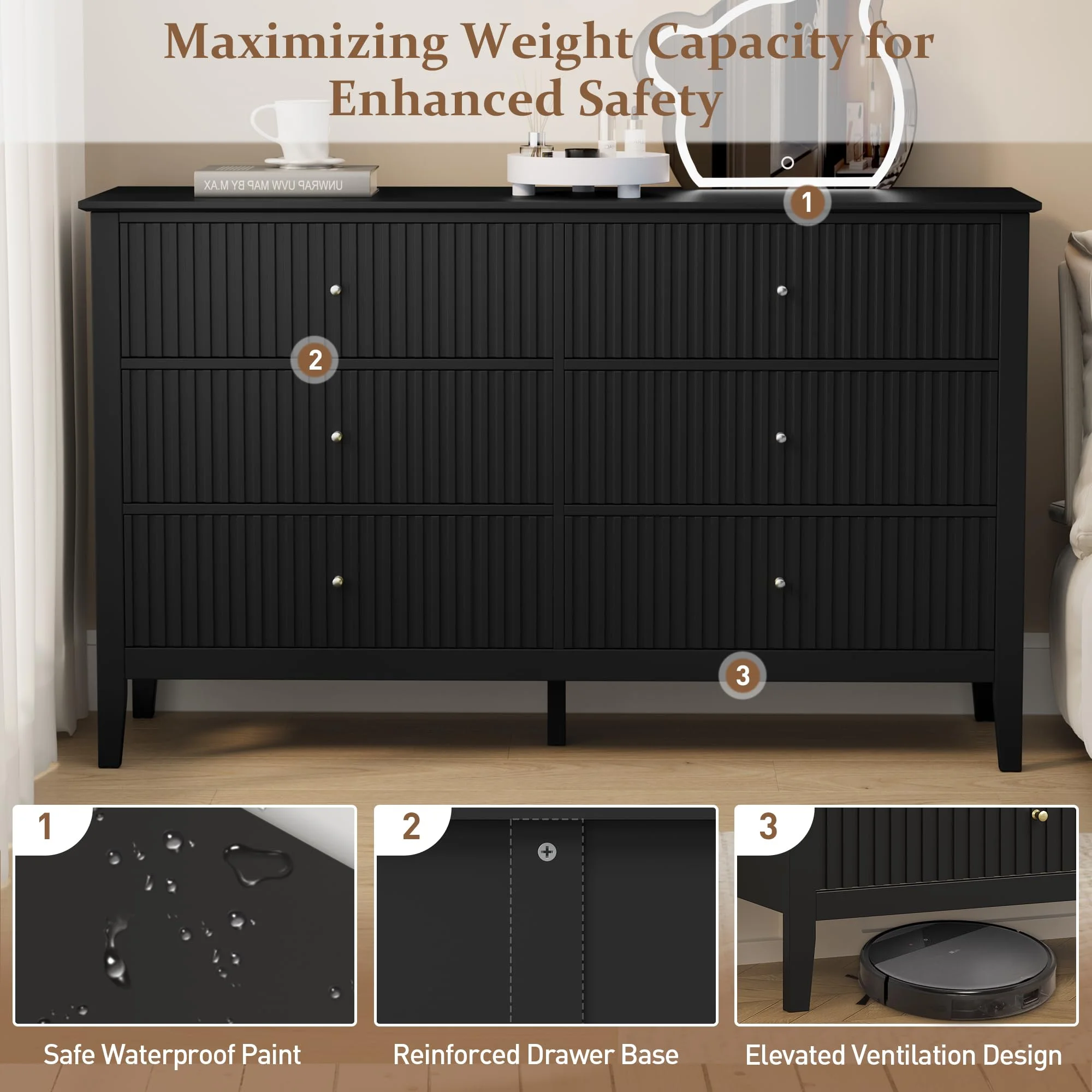 Heynemo Beige 6 Drawer Dresser, Fluted Modern Wood Chest - Image 93