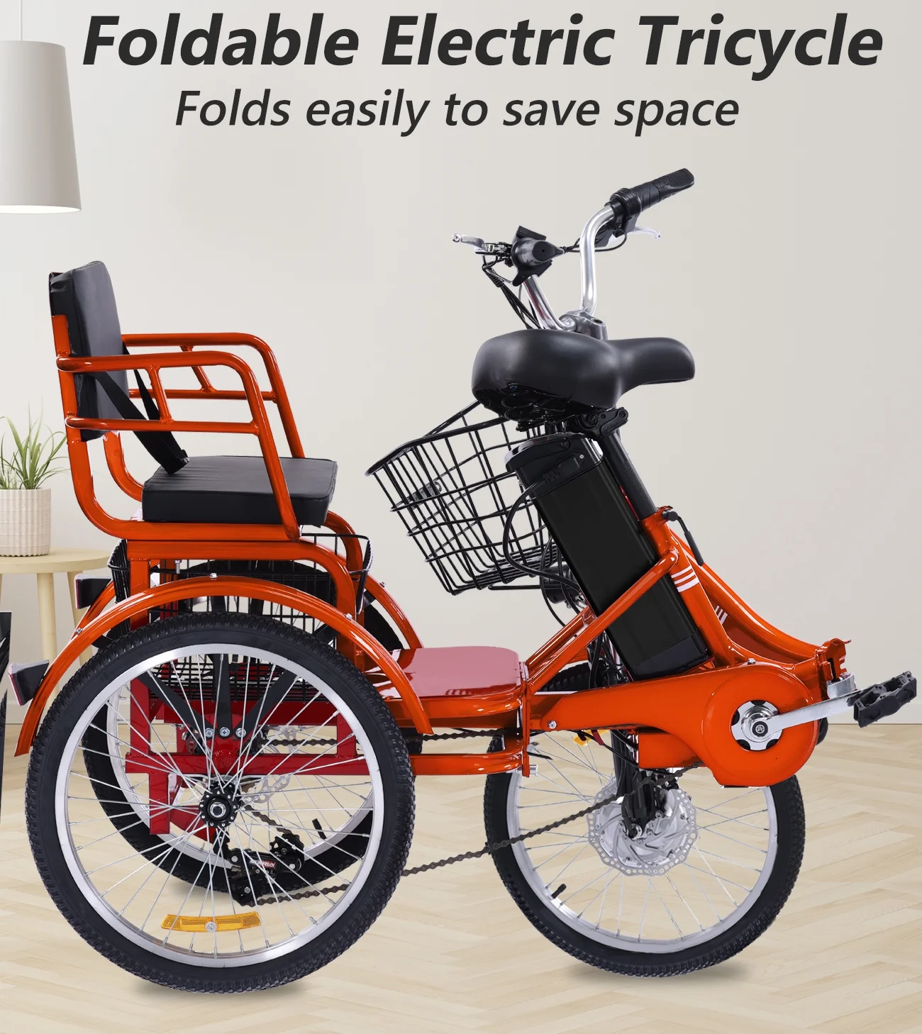 NOMIGO Electric Tricycle for Adults Folding Electric Trike 3 Wheel Electric Trike with Two-seater Large Basket Super Powerful Brushless 350W Motor 48V13AH Lithium Battery Max 20MPH E-Tricycle Orange - Image 4