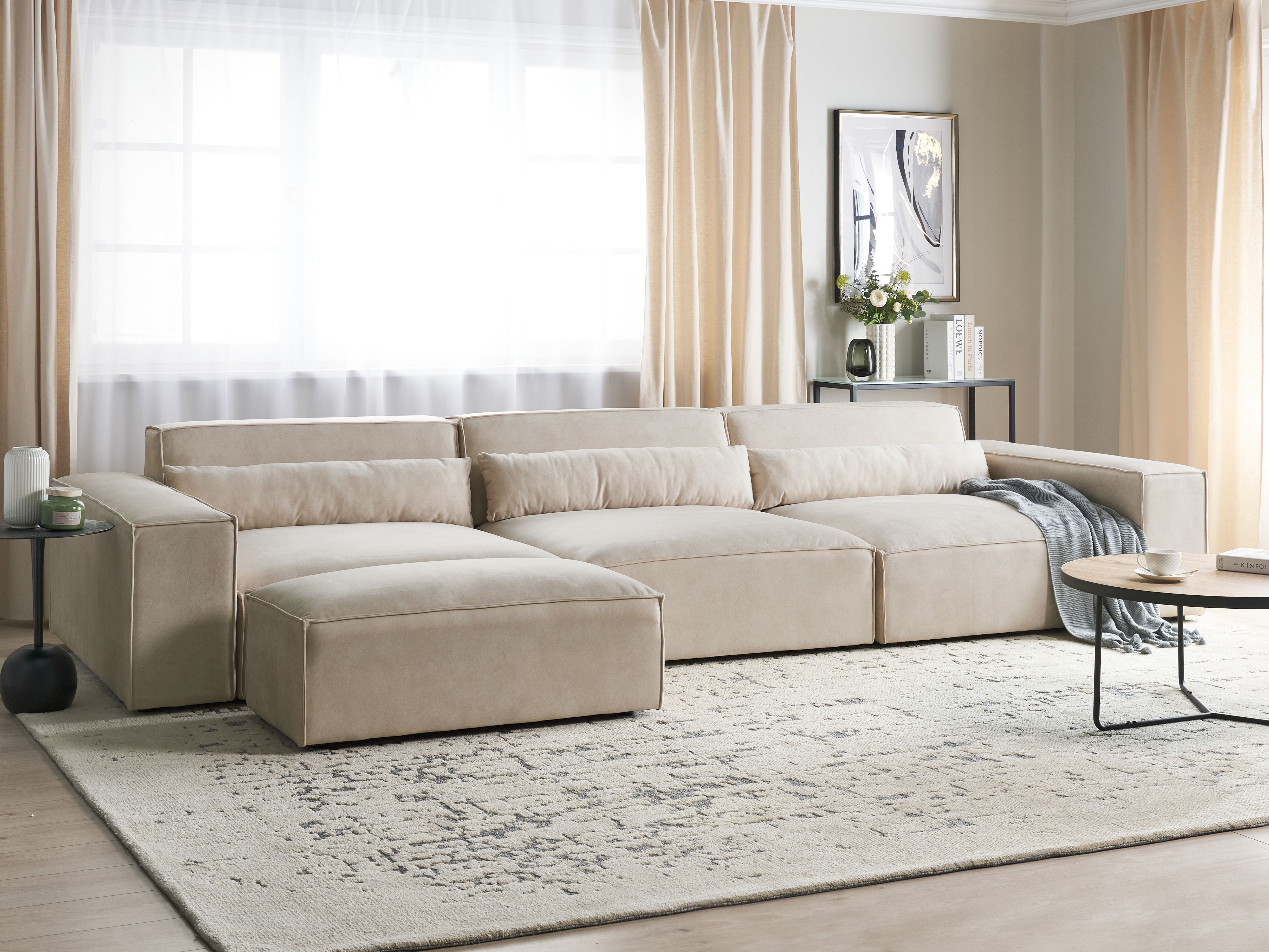 Modular Sofa 3 Seater HELLNAR Velvet Light Beige with Ottoman