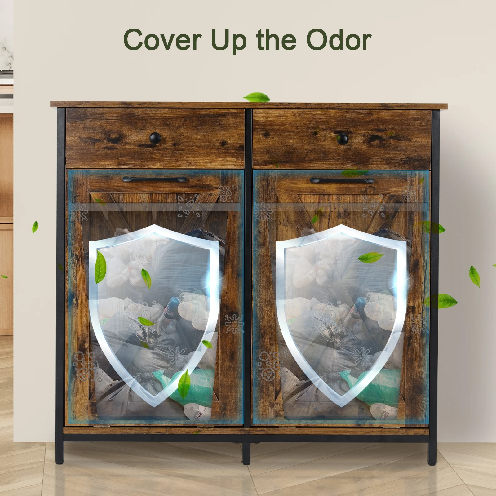 Pirecart 20 Gallon Double Tilt Out Trash Cabinet Wood Hidden Storage Cabinet, Recycling Cabinet with 2 Drawers, Black - Image 29