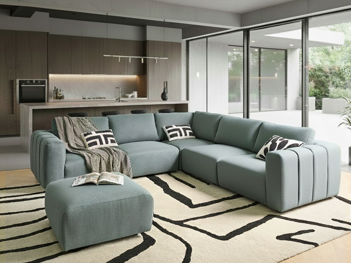 Modular Corner Sofa 5 Seater KIVVIK Fabric Green with Ottoman Left Hand