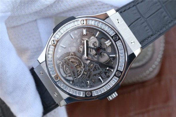 Replica Hublot Classic Fusion Tourbillon 42mm TF Skeleton Dial Black Gummy Strap A23J - Elite Watch Atelier