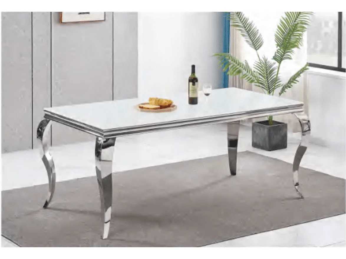 Table à manger verre blanc métal chromé 150x90x75 cm BAROQUE