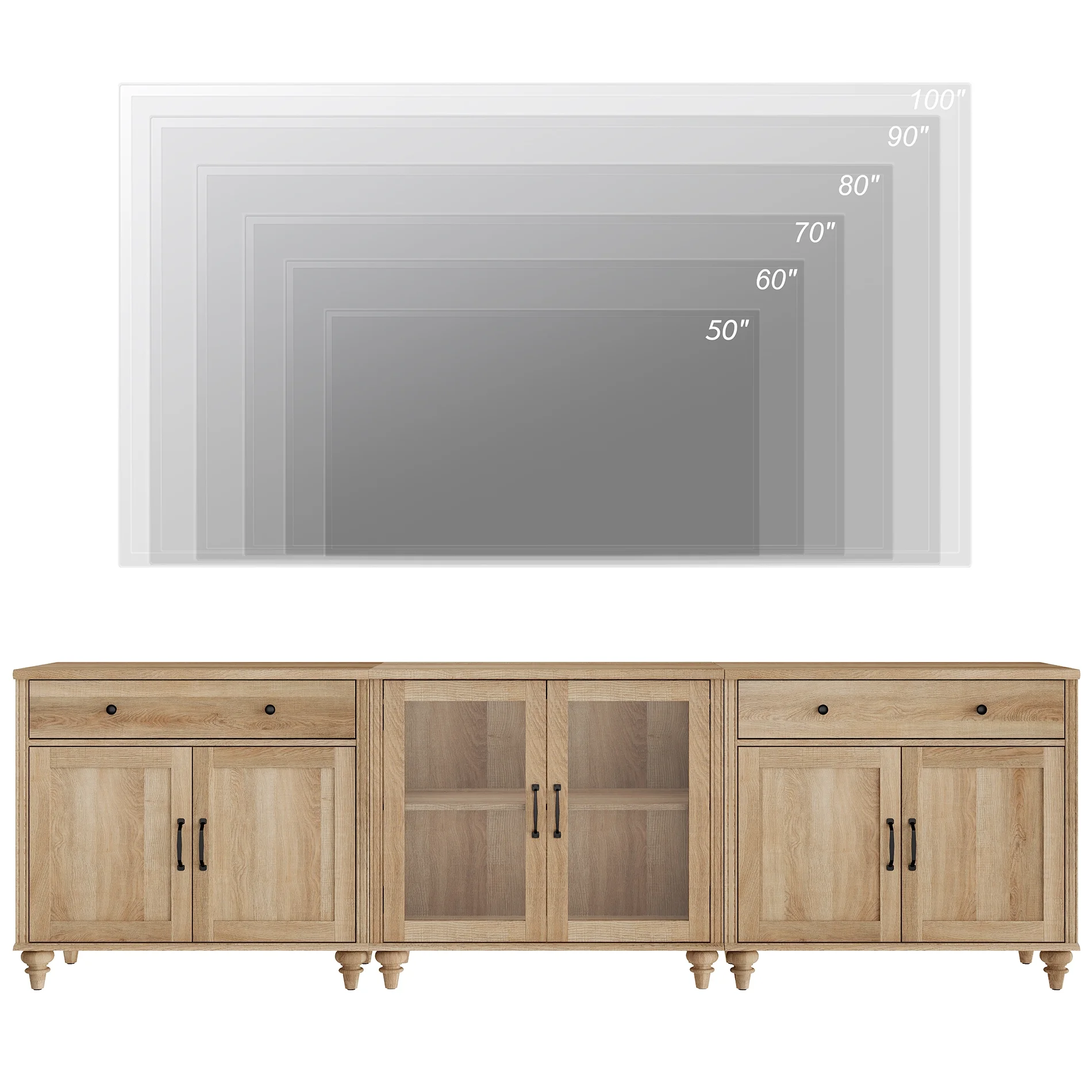 TV Stand for 100 Inch TV, 3-in-1 TV Console Table for 75/80/85/90 Inch TV, Farmhouse Entertainment Center with Glass & Wooden Door, Kitchen Sideboard Buffet Cabinet for Dining Room, Oak - Image 4