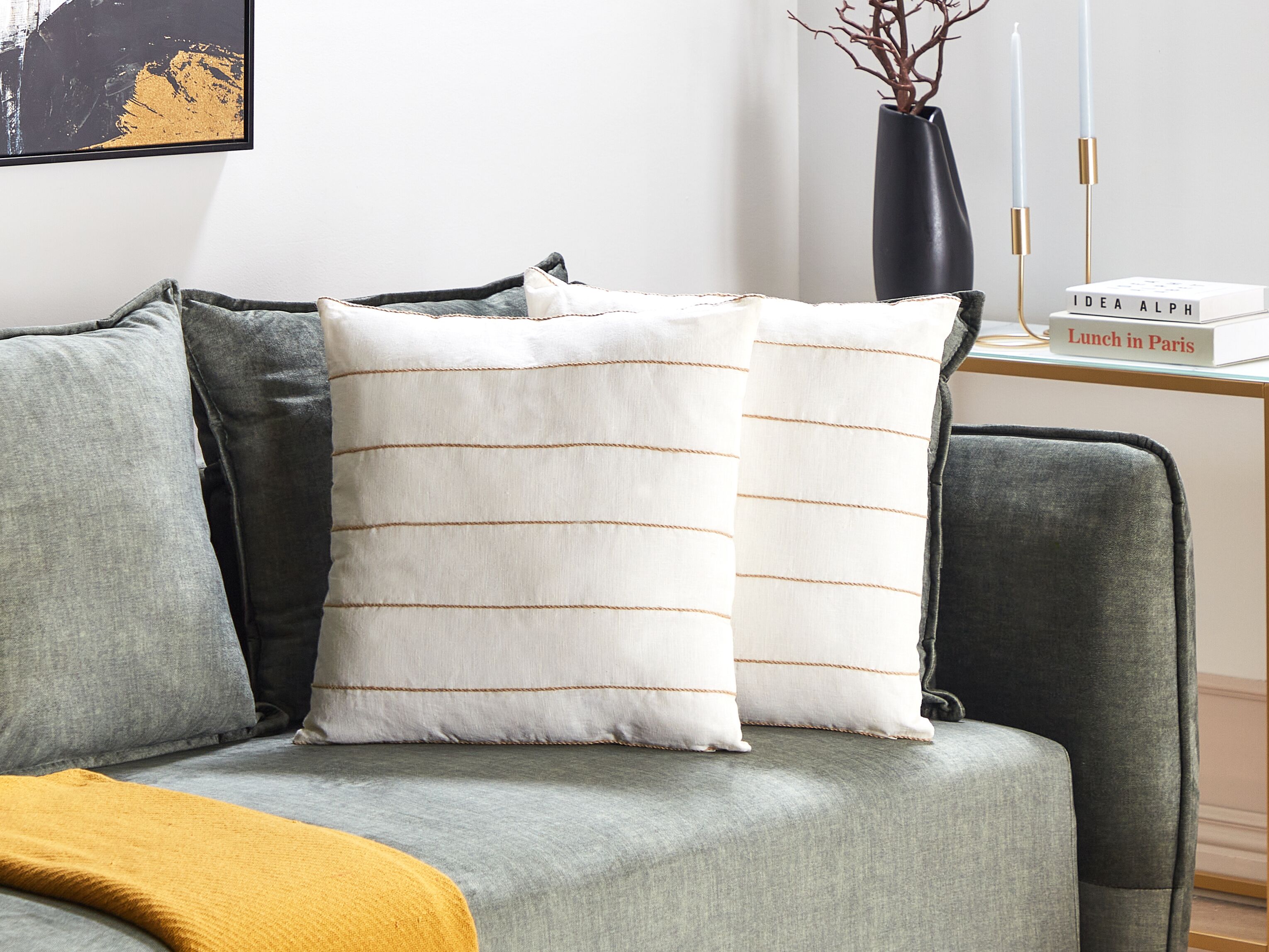 Set of 2 Decorative Cushions MILAS Linen 50 x 50 cm White Striped