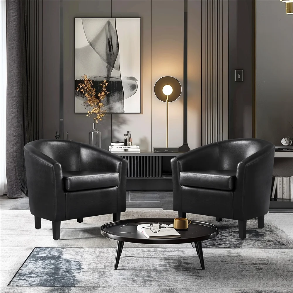 Renwick Faux Leather Barrel Accent Chair for Living Room, Set of 2, Black - Image 9