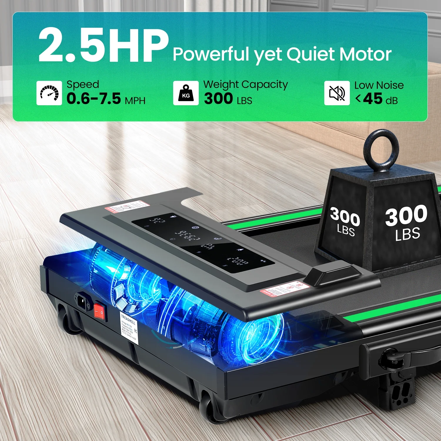 2 in 1 Walking Pad Treadmill with Incline, 2.5HP Under Desk Treadmill with Handle Remote Control & LED Touch Screen for Home Office Workout, 300lbs Weight Capacity Black & Green