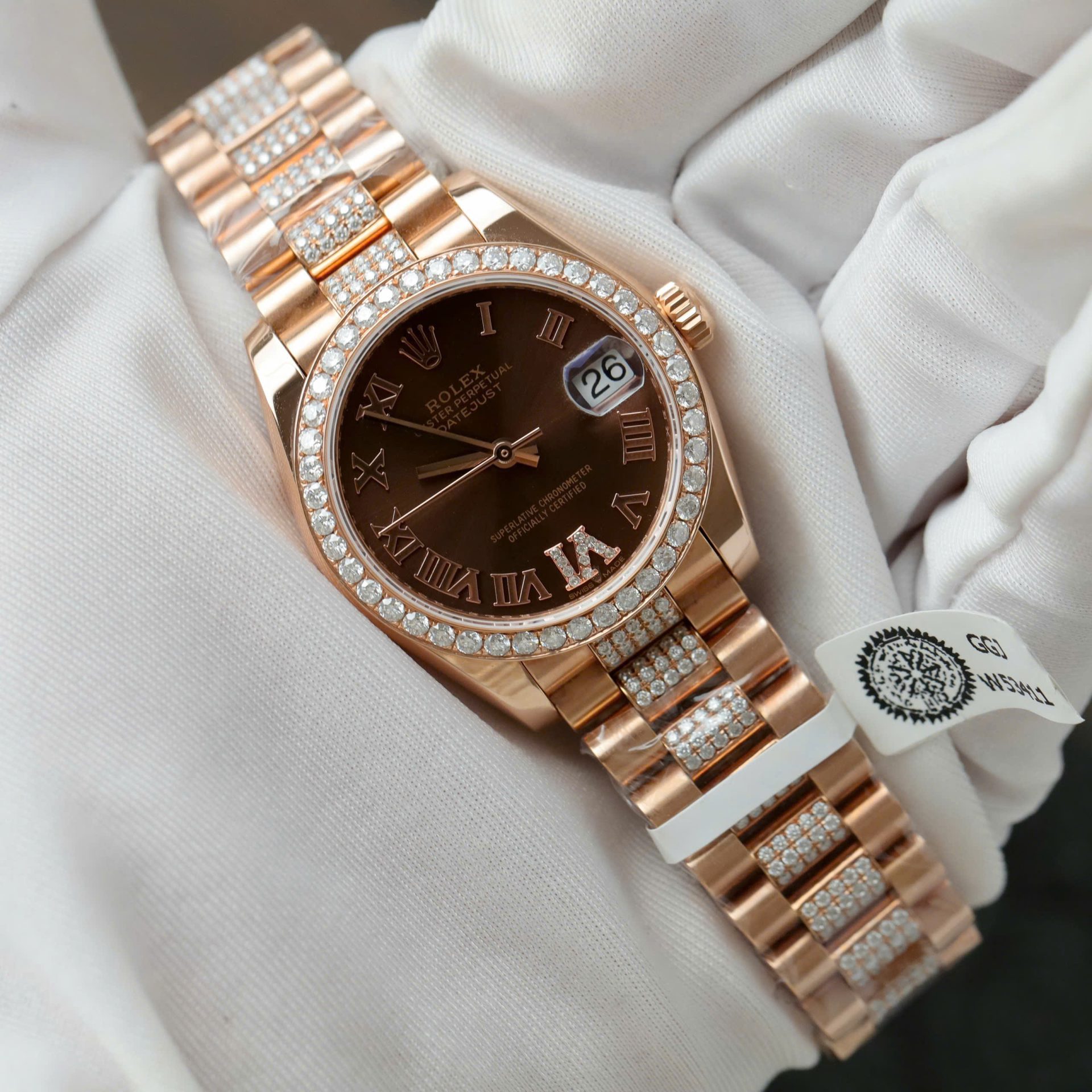 Rolex DateJust Women Dial Chocolate Copies Watches Custom Moissanite Diamonds + 18K Gold Wrapped 31mm - Elite Watch Atelier