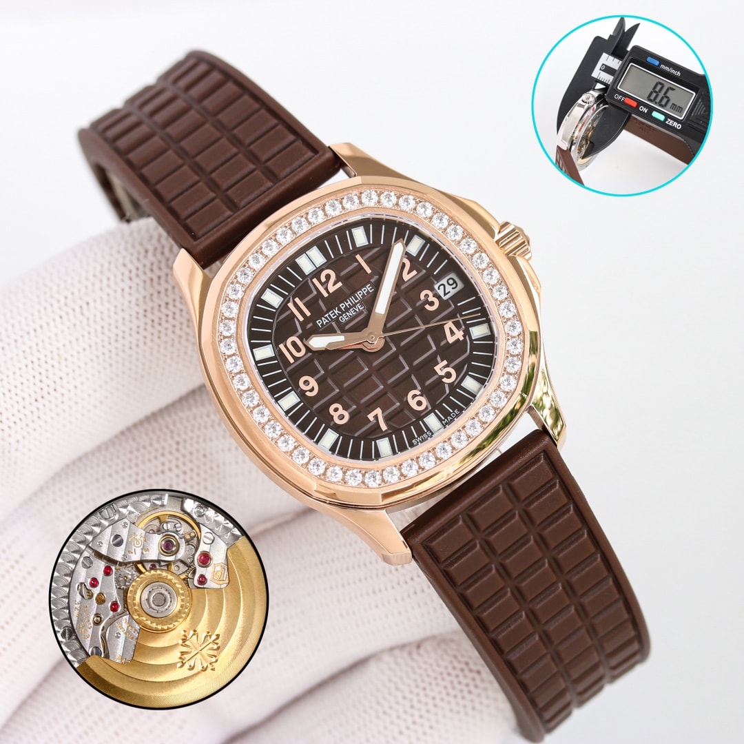 Fake Patek Philippe Replica Watch Aquanaut Ladies Embossed Brown Arabic Diamond Bezel Rose Gold Composite 35.6mm 5068R-001 TWF(1:1 replica) - Top club