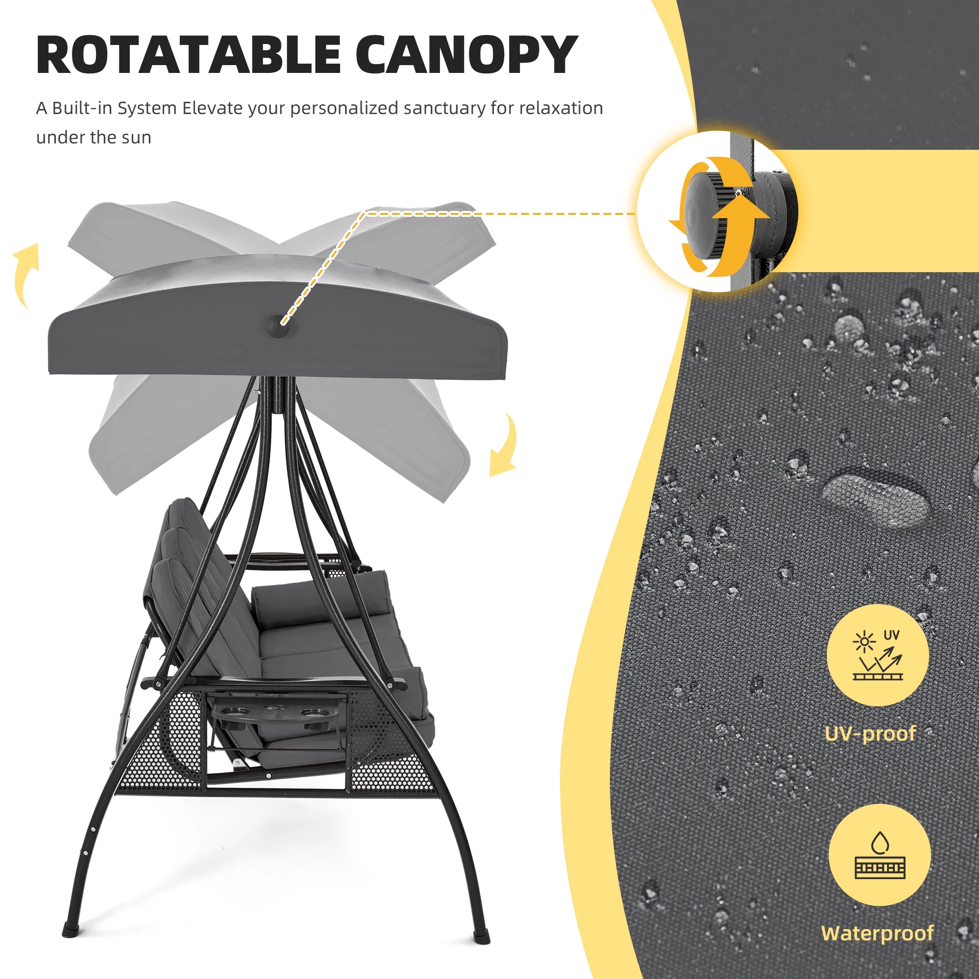 Homrest 3 Person Patio Outdoor Porch Swing with Adjustable Canopy, Backrest, Swing Bed with Stand for Garden,Deck - Image 38