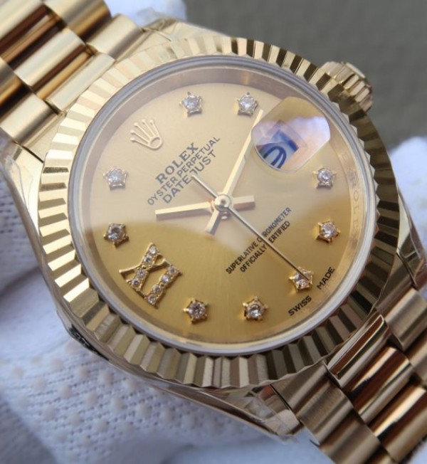 Replica Rolex DateJust 31mm Fluted Bezel RG Case RG Gold Dial A2235 - Top club
