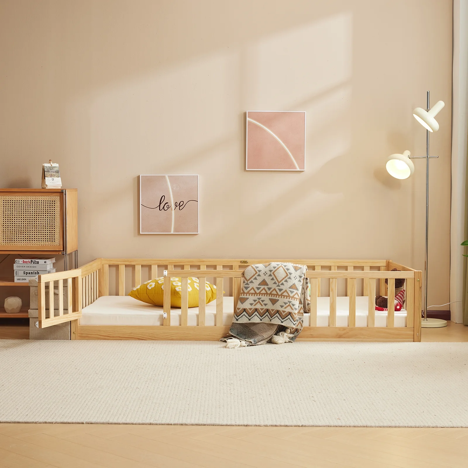 Zimtown Montessori Floor Bed Frame, Full Size Kids Toddler Bed with Fence and Door, Wooden Platform Bed, White - Image 16
