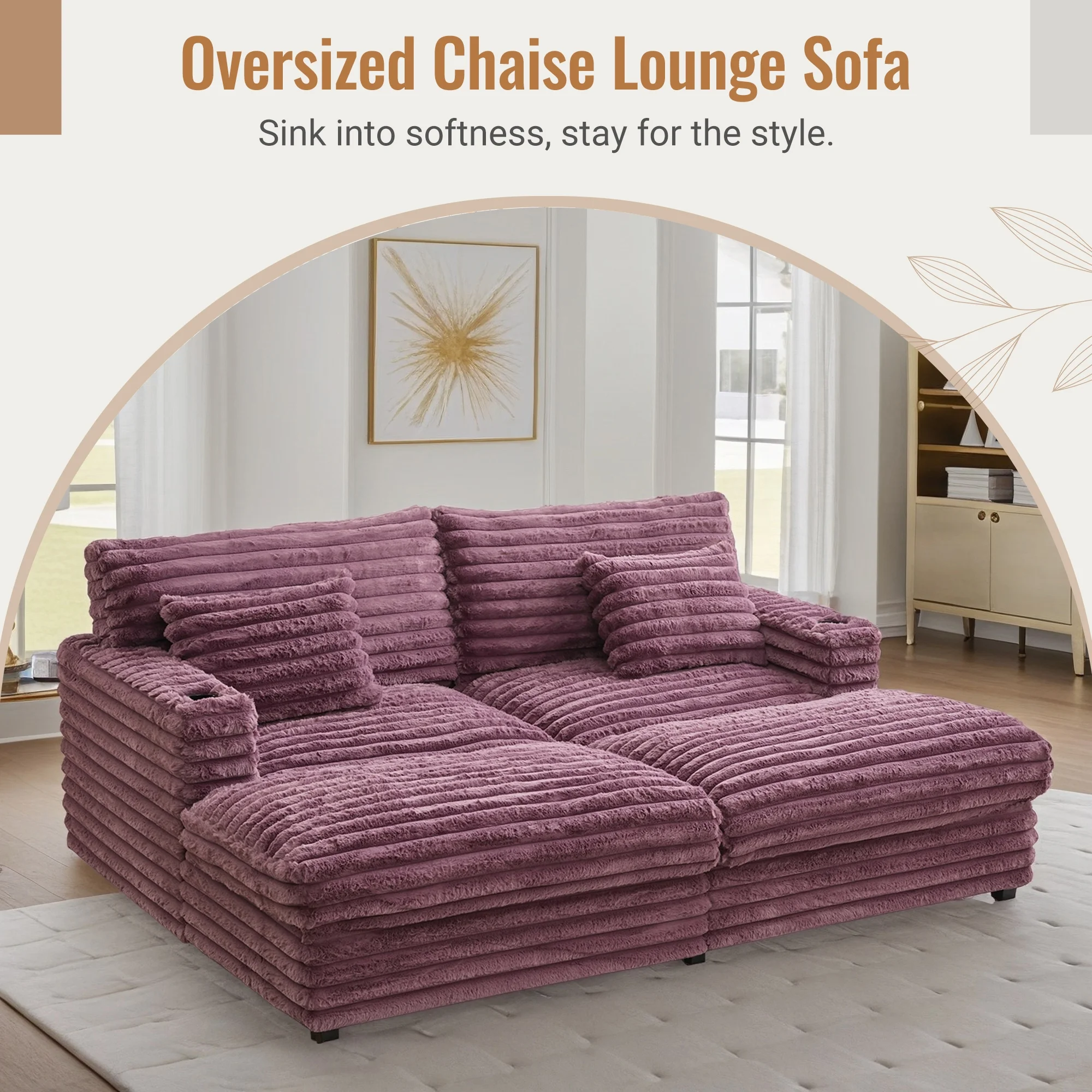 Oversized Double Chaise Lounge, Faux Fur Upholstered Deep Seat Sofa with 2 Pillows, 2 Cupholders, and Dual USB Ports - Image 14