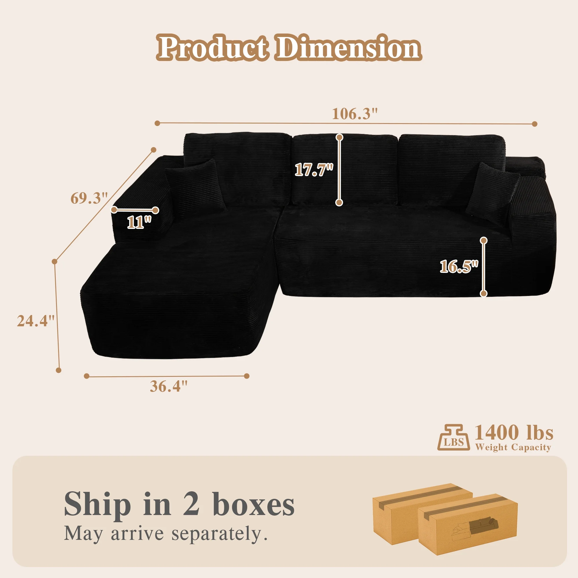 Ovios 106" L-Shaped Sectional Sofa Modern Modular Cloud Couch with Deep Seating Upholstered Sofa for Living Room Bedroom, No Assembly Required, Black(Corduroy) - Image 12
