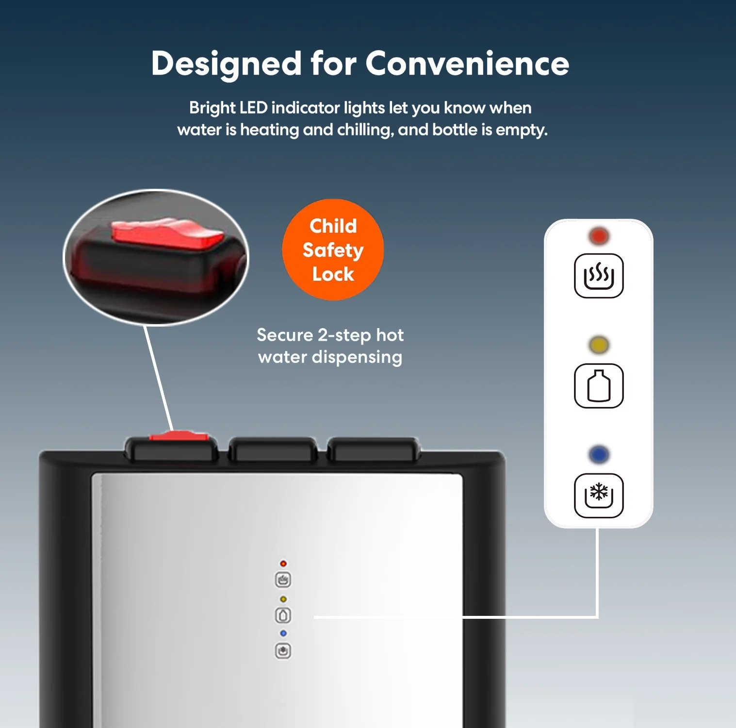 IKT Bottom Load Water Dispenser for 3-5 Gallon Bottle UV Self Cleaning Hot Cold and Room with Child Safety Lock
