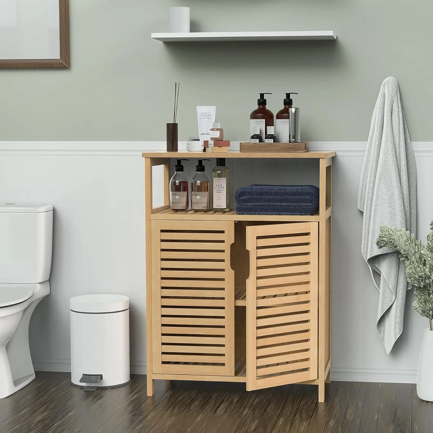 Bamboo Bathroom Storage Cabinet with 2 Doors, Bathroom Floor Freestanding Cabinets Organizer for Living Room, Kitchen, Entryway