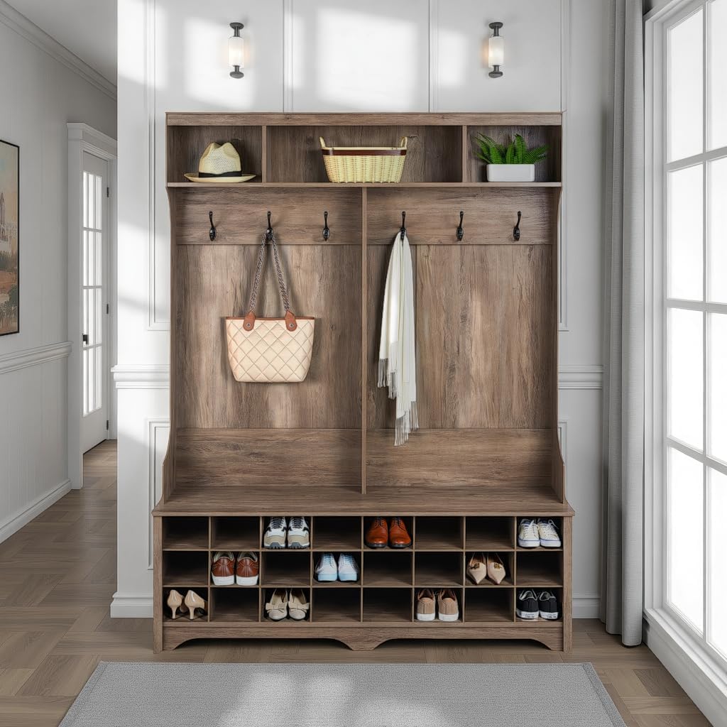 Prepac Gray Hall Tree, Shoe Cabinet, Storage Cabinet with 24 Shoe Cubbies and 6 Double Coat Hooks 15.5