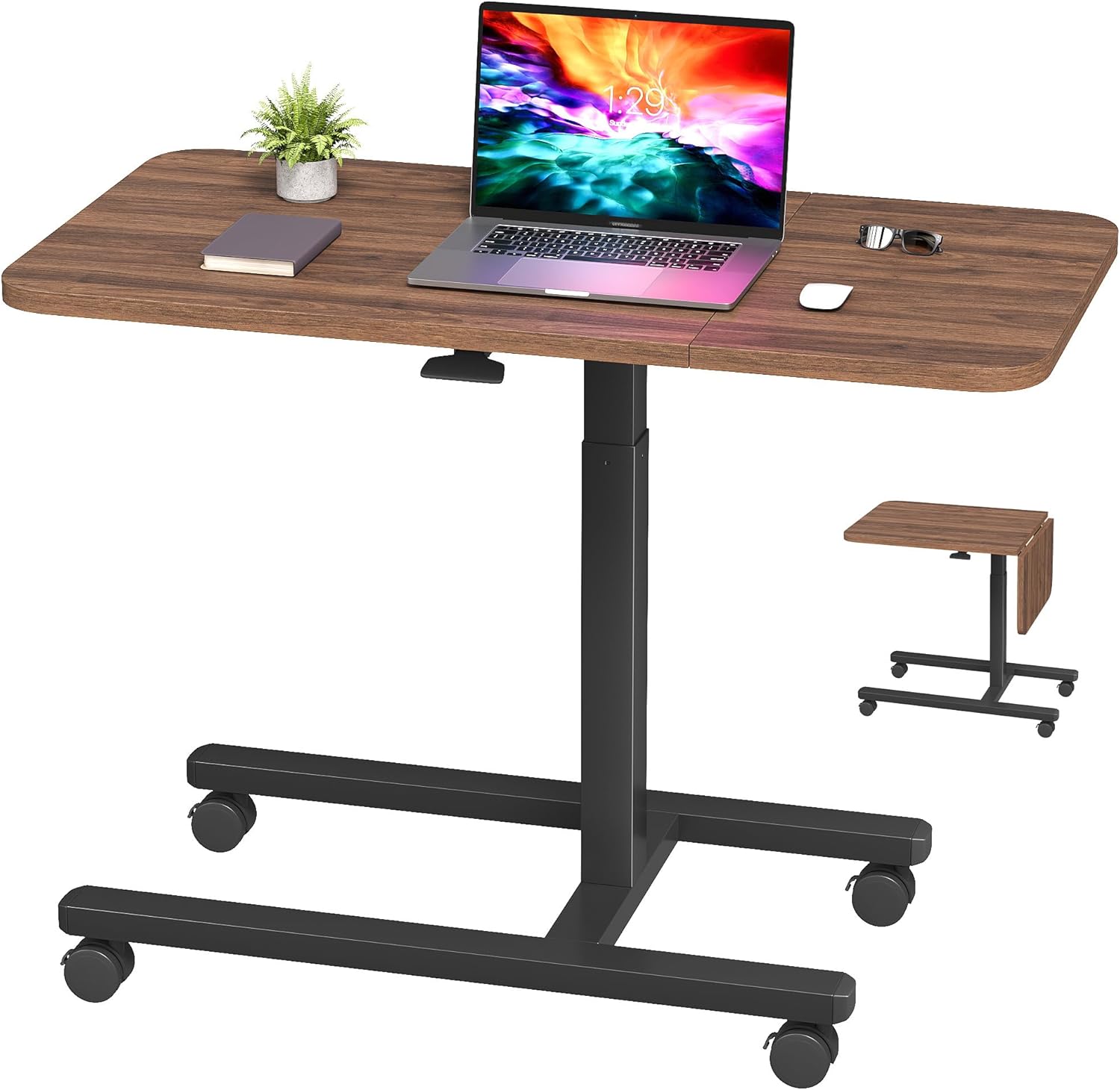 Homkdom C Shaped Table with Wheels, Side End Table with Extended Desktop, Adjustable Rolling Desk for Small Space, Dorm, Height Adjustment (29.5