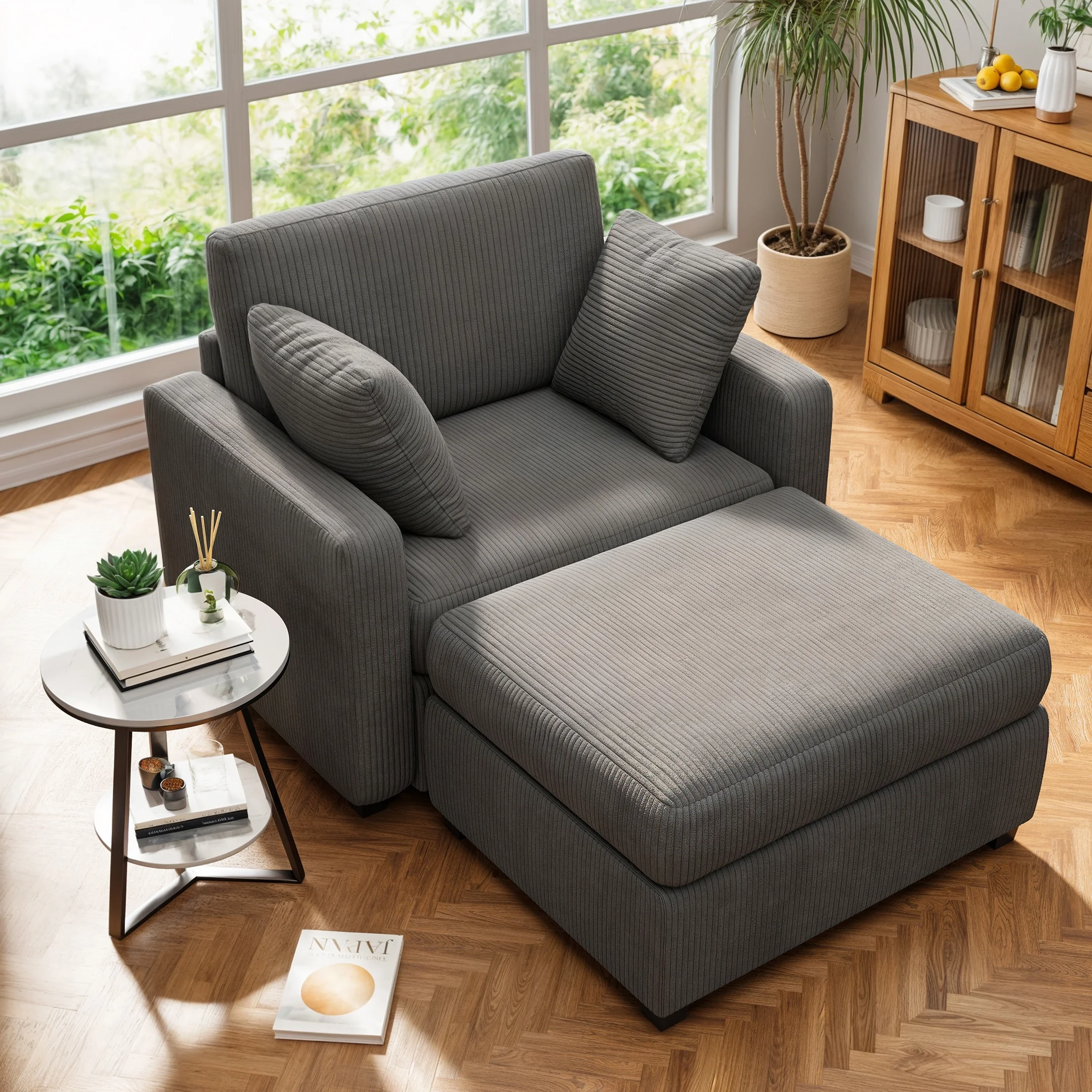 LUMIHO Chaise Lounge Chair Indoor, 42" Sleeper Chair with Two Throw Pillows and Armrests, Corduroy Chaise Couch Chair with Ottoman for Living Room, Bedroom, Apartment, Green - Image 31