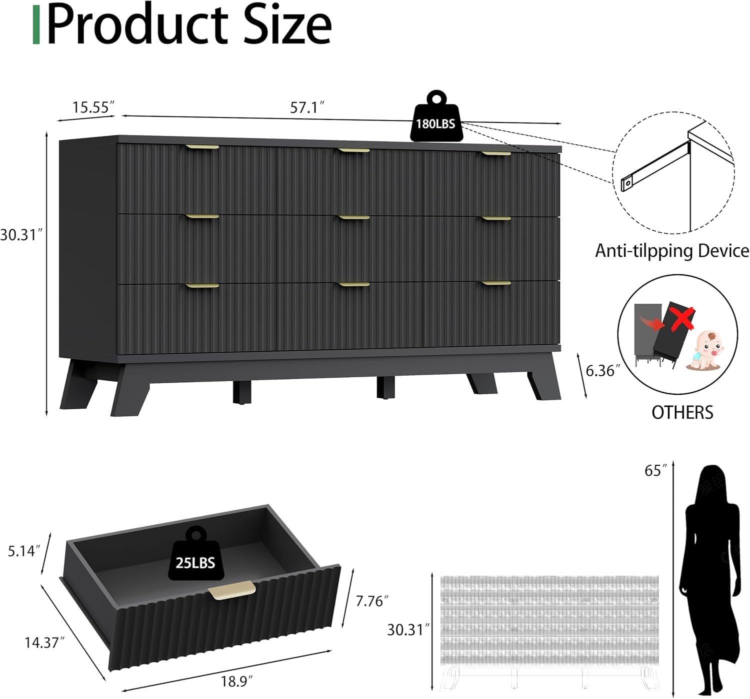 Fluted Dresser for Bedroom with 9 Drawers, 57