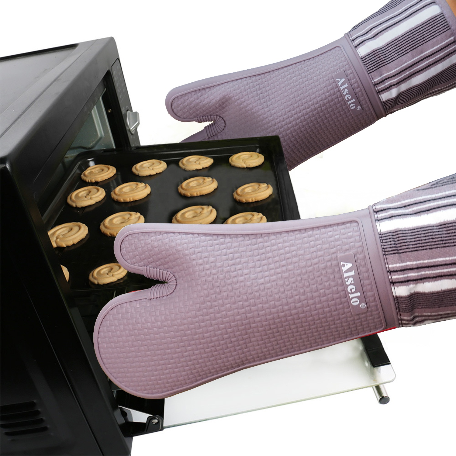 Meita Home's Pair Striped Purple Printed Oven Gloves Anti-Slip Silicone Cotton Heat-Resistant BBQ Mitts