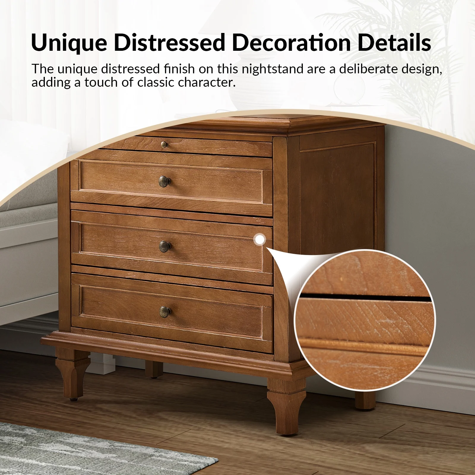 Farmhouse 3 Drawers Nightstand with Tray Bedside Table with Charging Station Acorn - Image 2