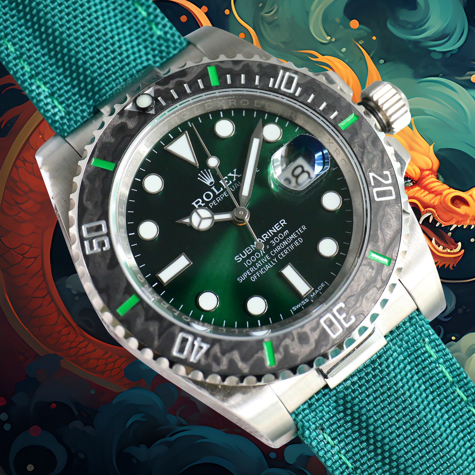 ROLEX Year of the Dragon Auspicious 🔥 🔥 Submariner Carbon Fiber Bezel - Velcro Strap - Green(1:1 replica) - Elite Watch Atelier