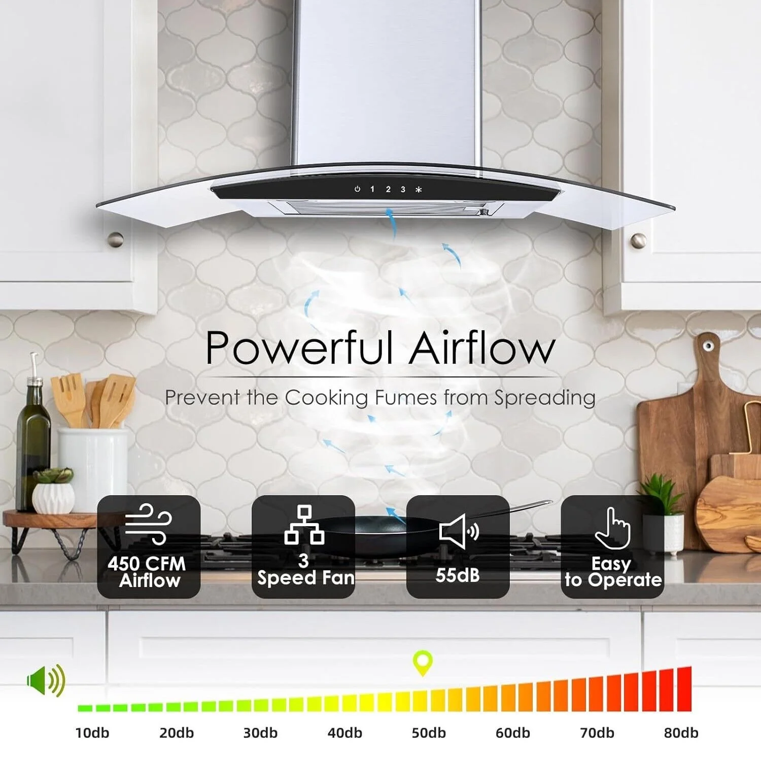 Tieasy 30-Inch Wall-Mounted Range Hood, 450CFM, Stainless Steel, 3-Speed Exhaust with Dishwasher-Safe Filter